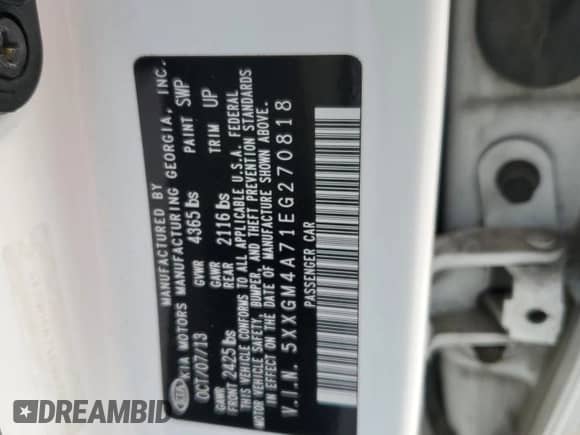 2014 Kia Optima LX with VIN 5XXGM4A71EG270818, listed as a Copart auction lot 85273845 with 124,609 mi miles and Salvage title. Bid and sale history available at DreamBid. Image 12.