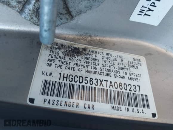 1996 Honda Accord LX with VIN 1HGCD563XTA060237, listed as a IAAI auction lot 42828626 with 110,927 mi miles and . Bid and sale history available at DreamBid. Image 9.