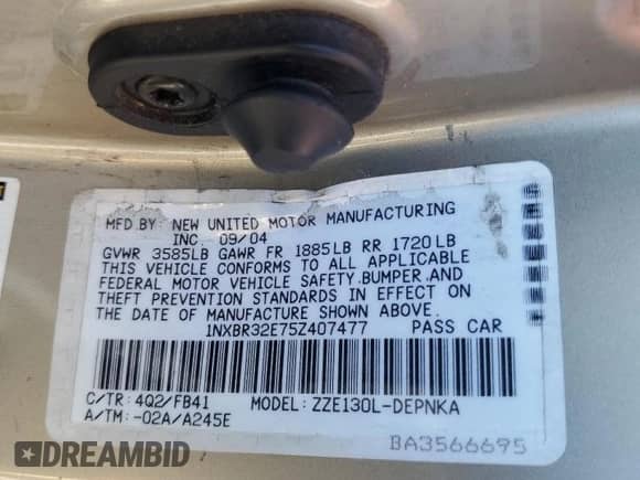 2005 Toyota Corolla LE с VIN 1NXBR32E75Z407477, выставлен на аукционе Copart как лот 82277995 с пробегом 108 360 миль миль и Списание • Salvage title. История ставок и продаж доступна на DreamBid. Изображение 12.