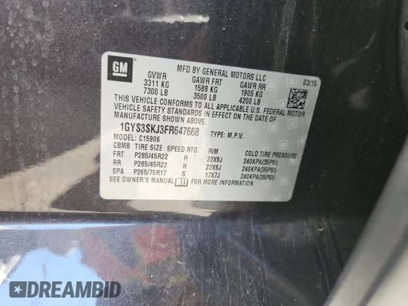 2015 Cadillac Escalade ESV Luxury с VIN 1GYS3SKJ3FR647668, выставлен на аукционе Copart как лот 81717915 с пробегом Не указан миль и Списание • Salvage title. История ставок и продаж доступна на DreamBid. Изображение 14.