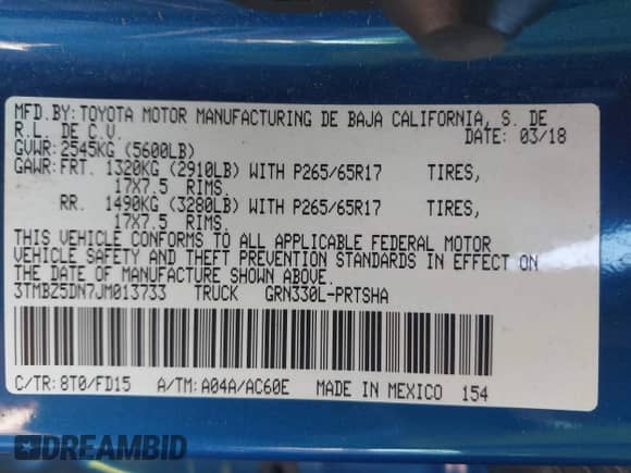 2018 Toyota Tacoma SR5 z VIN 3TMBZ5DN7JM013733, wystawiony jako IAAI lot #43169892 z przebiegiem 175 949 mil mil oraz . Historia ofert i sprzedaży dostępna na DreamBid. Obrazek 9.