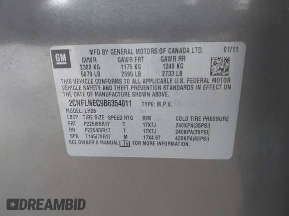 2011 Chevrolet Equinox 2LT with VIN 2CNFLNEC9B6354011, listed as a IAAI auction lot 43009087 with 168,592 mi miles and . Bid and sale history available at DreamBid. Image 9.