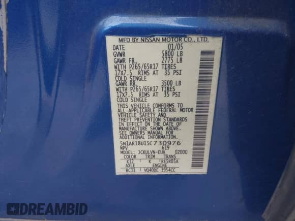 2005 Nissan Pathfinder LE с VIN 5N1AR18U15C730976, выставлен на аукционе IAAI как лот 42787920 с пробегом 231 697 миль миль и . История ставок и продаж доступна на DreamBid. Изображение 9.