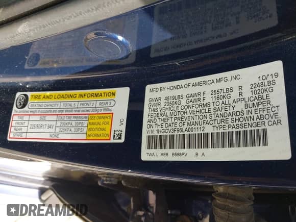 2020 Honda Accord Touring с VIN 1HGCV3F96LA001112, выставлен на аукционе IAAI как лот 43091363 с пробегом 58 472 миль миль и . История ставок и продаж доступна на DreamBid. Изображение 9.