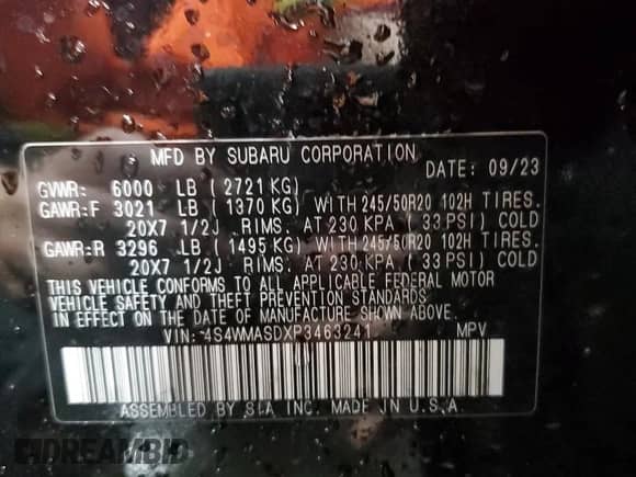 2023 Subaru Ascent Limited with VIN 4S4WMASDXP3463241, listed as a Copart auction lot 59615825 with 17,543 mi miles and Salvage title. Bid and sale history available at DreamBid. Image 14.