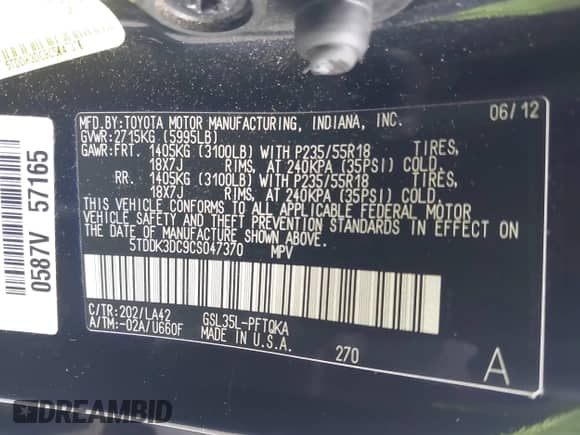 2012 Toyota Sienna XLE with VIN 5TDDK3DC9CS047370, listed as a IAAI auction lot 42515932 with 132,207 mi miles and . Bid and sale history available at DreamBid. Image 9.