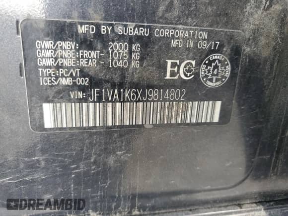 2018 Subaru WRX Limited z VIN JF1VA1K6XJ9814802, wystawiony jako Copart lot #70899665 z przebiegiem 82 724 mil mil oraz Szkoda całkowita • Salvage title. Historia ofert i sprzedaży dostępna na DreamBid. Obrazek 13.