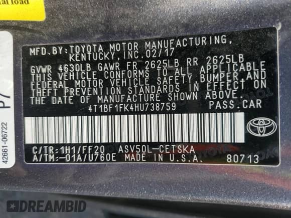 2017 Toyota Camry XLE с VIN 4T1BF1FK4HU738759, выставлен на аукционе Copart как лот 71560785 с пробегом 124 107 миль миль и Списание • Salvage title. История ставок и продаж доступна на DreamBid. Изображение 12.