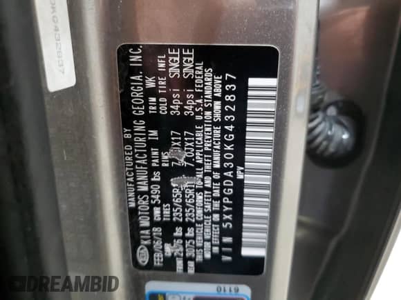 2019 Kia Sorento LX with VIN 5XYPGDA30KG432837, listed as a Copart auction lot 62027835 with 115,567 mi miles and Clean title. Bid and sale history available at DreamBid. Image 13.