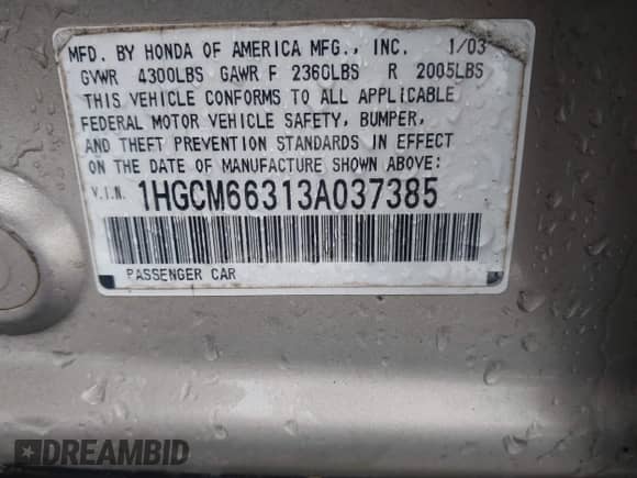 2003 Honda Accord LX with VIN 1HGCM66313A037385, listed as a IAAI auction lot 42942358 with 385,096 mi miles and . Bid and sale history available at DreamBid. Image 9.
