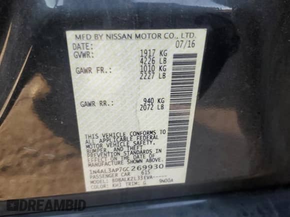 2016 Nissan Altima SR with VIN 1N4AL3AP7GC269930, listed as a Copart auction lot 90147125 with 79,206 mi miles and Salvage title. Bid and sale history available at DreamBid. Image 12.