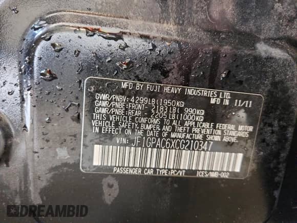 2012 Subaru Impreza Premium z VIN JF1GPAC6XCG210347, wystawiony jako Copart lot #70491015 z przebiegiem 171 706 mil mil oraz Nie do naprawy • Non repairable. Historia ofert i sprzedaży dostępna na DreamBid. Obrazek 12.