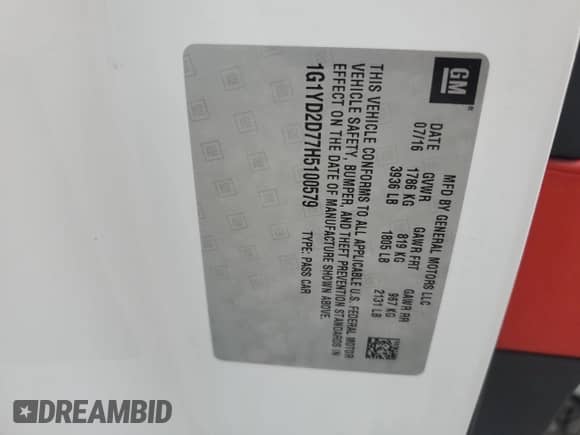 2017 Chevrolet Corvette 2LT с VIN 1G1YD2D77H5100579, выставлен на аукционе Copart как лот 58973455 с пробегом Не указан миль и Списание • Salvage title. История ставок и продаж доступна на DreamBid. Изображение 12.