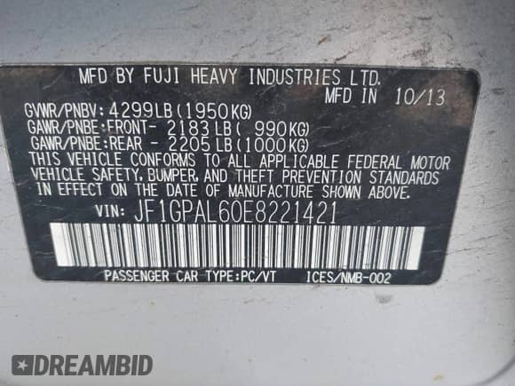 2014 Subaru Impreza Special Sports Premium with VIN JF1GPAL60E8221421, listed as a IAAI auction lot 42403140 with 132,595 mi miles and . Bid and sale history available at DreamBid. Image 9.