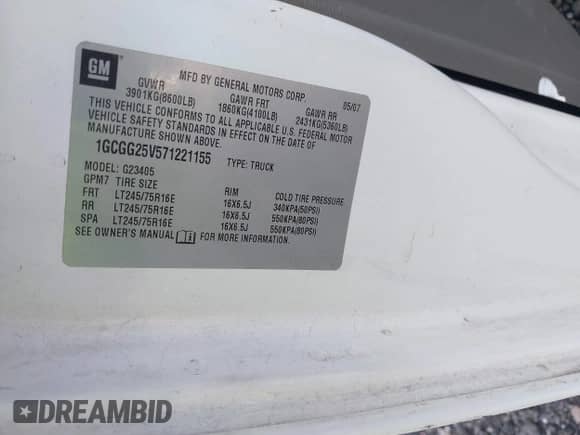 2007 Chevrolet Express Cargo with VIN 1GCGG25V571221155, listed as a IAAI auction lot 42175325 with Not provided miles and . Bid and sale history available at DreamBid. Image 9.
