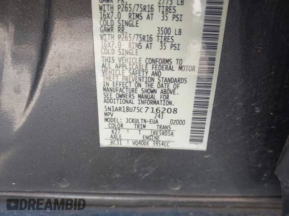 2005 Nissan Pathfinder SE z VIN 5N1AR18U75C716208, wystawiony jako IAAI lot #42449063 z przebiegiem 166 108 mil mil oraz . Historia ofert i sprzedaży dostępna na DreamBid. Obrazek 9.