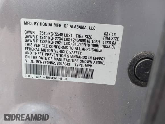 2018 Honda Pilot EX-L z VIN 5FNYF5H52JB013043, wystawiony jako IAAI lot #42498686 z przebiegiem 43 731 mil mil oraz . Historia ofert i sprzedaży dostępna na DreamBid. Obrazek 9.