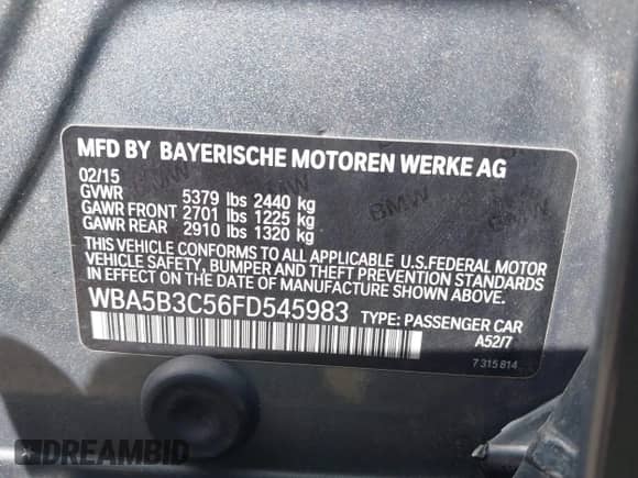 2015 BMW 5 Series 535i xDrive with VIN WBA5B3C56FD545983, listed as a IAAI auction lot 43122724 with 155,926 mi miles and . Bid and sale history available at DreamBid. Image 9.
