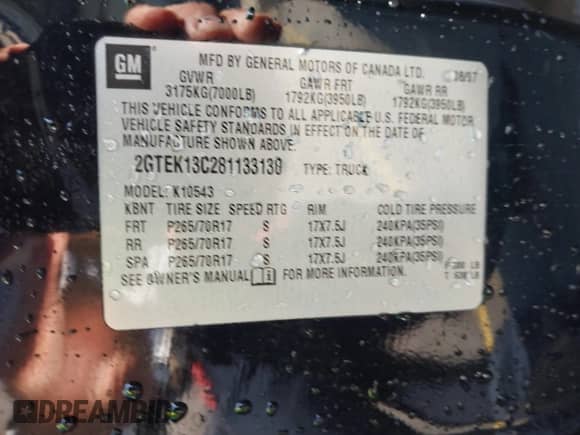 2008 GMC Sierra 1500 SL with VIN 2GTEK13C281133130, listed as a IAAI auction lot 42625085 with 301,303 mi miles and . Bid and sale history available at DreamBid. Image 9.