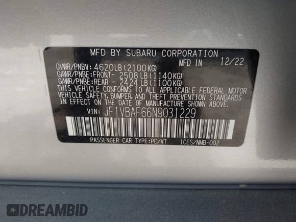 2022 Subaru WRX Premium with VIN JF1VBAF66N9031229, listed as a IAAI auction lot 42298558 with 14,084 mi miles and . Bid and sale history available at DreamBid. Image 9.