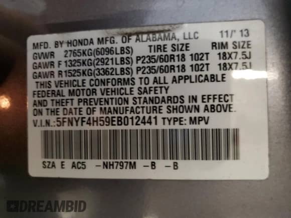 2014 Honda Pilot EX-L с VIN 5FNYF4H59EB012441, выставлен на аукционе Copart как лот 70171685 с пробегом 115 608 миль миль и Списание • Salvage title. История ставок и продаж доступна на DreamBid. Изображение 13.