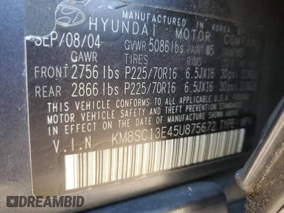 2005 Hyundai Santa Fe GLS с VIN KM8SC13E45U875672, выставлен на аукционе Copart как лот 82931204 с пробегом 324 768 миль миль и Списание • Salvage title. История ставок и продаж доступна на DreamBid. Изображение 13.