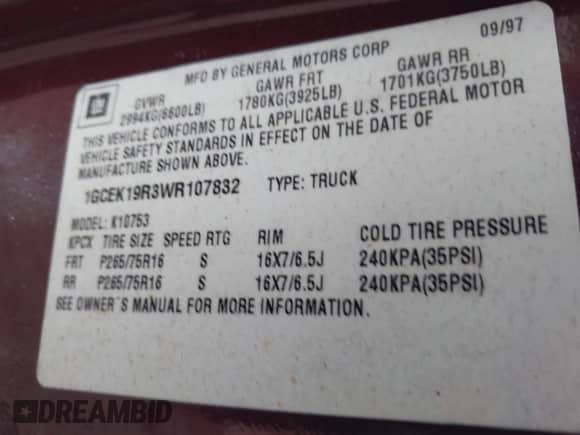1998 Chevrolet Silverado 1500 with VIN 1GCEK19R3WR107832, listed as a IAAI auction lot 43556368 with 184,511 mi miles and . Bid and sale history available at DreamBid. Image 9.