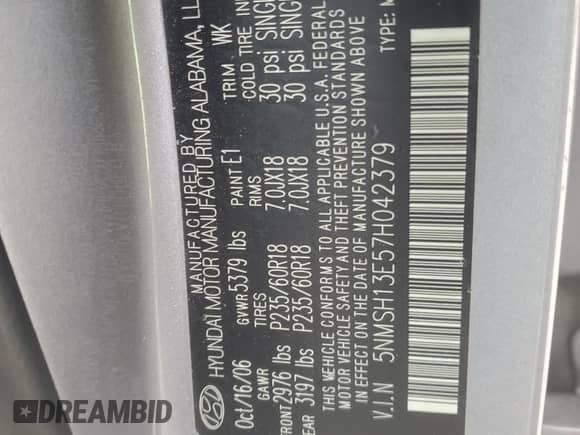 2007 Hyundai Santa Fe SE с VIN 5NMSH13E57H042379, выставлен на аукционе Copart как лот 85156695 с пробегом 101 534 миль миль и Списание • Salvage title. История ставок и продаж доступна на DreamBid. Изображение 13.