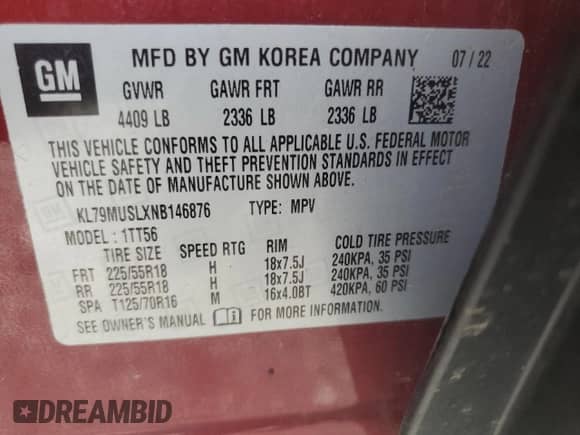 2022 Chevrolet TrailBlazer RS с VIN KL79MUSLXNB146876, выставлен на аукционе Copart как лот 69955695 с пробегом 71 536 миль миль и Списание • Salvage title. История ставок и продаж доступна на DreamBid. Изображение 13.