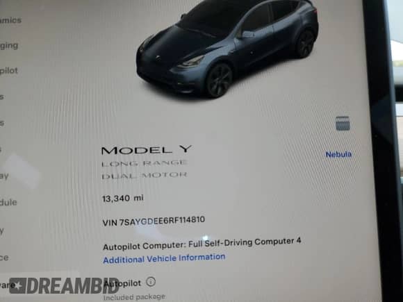 2024 Tesla Model Y Long Range with VIN 7SAYGDEE6RF114810, listed as a Copart auction lot 68344145 with 13,340 mi miles and Salvage title. Bid and sale history available at DreamBid. Image 9.
