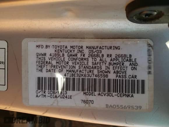 2003 Toyota Camry LE с VIN 4T1BE32K63U746598, выставлен на аукционе Copart как лот 71235295 с пробегом 365 622 миль миль и Списание • Salvage title. История ставок и продаж доступна на DreamBid. Изображение 13.