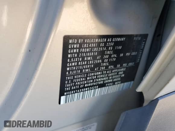 2011 Volkswagen Tiguan S с VIN WVGBV7AX9BW524239, выставлен на аукционе Copart как лот 70093625 с пробегом 174 582 миль миль и Списание • Salvage title. История ставок и продаж доступна на DreamBid. Изображение 13.