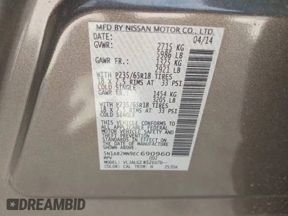 2014 Nissan Pathfinder SL with VIN 5N1AR2MN9EC690960, listed as a IAAI auction lot 43372049 with 98,235 mi miles and . Bid and sale history available at DreamBid. Image 9.