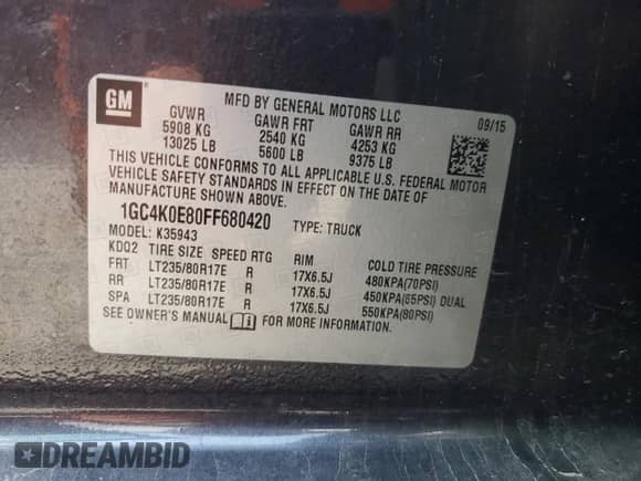 2015 Chevrolet Silverado 3500HD LTZ with VIN 1GC4K0E80FF680420, listed as a Copart auction lot 60500055 with 57,136 mi miles and Salvage title. Bid and sale history available at DreamBid. Image 12.