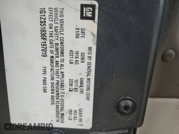 2006 Chevrolet Malibu 1FL z VIN 1G1ZS51836F197019, wystawiony jako Copart lot #63085675 z przebiegiem 188 422 mil mil oraz Szkoda całkowita • Salvage title. Historia ofert i sprzedaży dostępna na DreamBid. Obrazek 12.