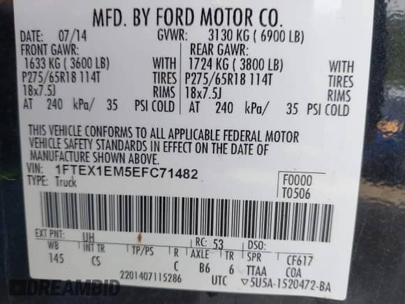 2014 Ford F-150 XL z VIN 1FTEX1EM5EFC71482, wystawiony jako IAAI lot #43127631 z przebiegiem 121 712 mil mil oraz . Historia ofert i sprzedaży dostępna na DreamBid. Obrazek 9.