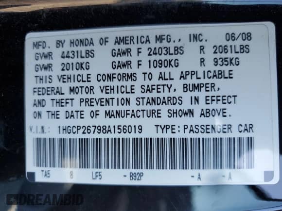 2008 Honda Accord EX with VIN 1HGCP26798A156019, listed as a Copart auction lot 85701035 with 118,533 mi miles and Salvage title. Bid and sale history available at DreamBid. Image 12.