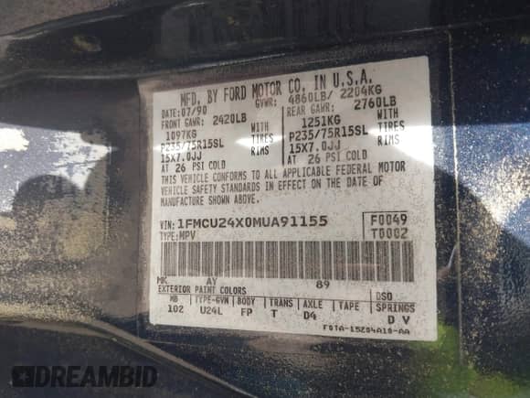 1991 Ford Explorer Eddie Bauer with VIN 1FMCU24X0MUA91155, listed as a IAAI auction lot 42314856 with 75,836 mi miles and . Bid and sale history available at DreamBid. Image 9.