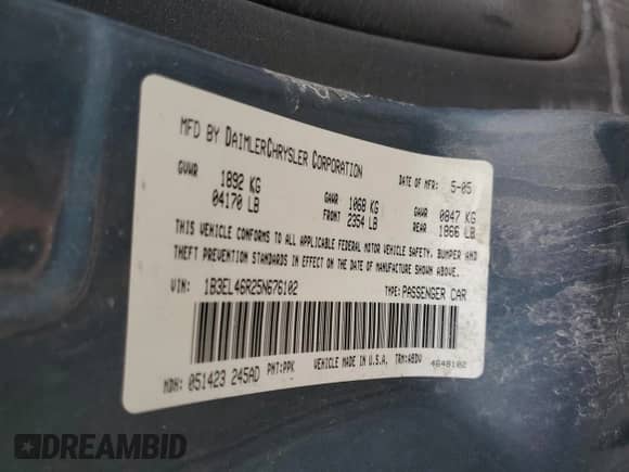 2005 Dodge Stratus SXT with VIN 1B3EL46R25N676102, listed as a Copart auction lot 71593215 with 244,028 mi miles and Salvage title. Bid and sale history available at DreamBid. Image 12.