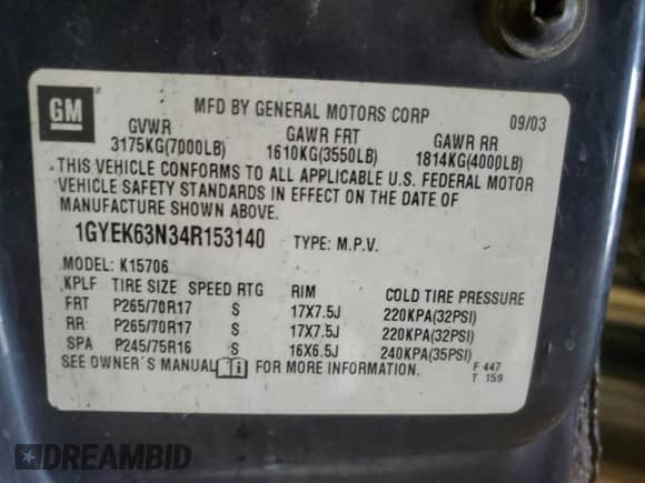 2004 Cadillac Escalade with VIN 1GYEK63N34R153140, listed as a Copart auction lot 62280405 with Not provided miles and Non repairable. Bid and sale history available at DreamBid. Image 13.