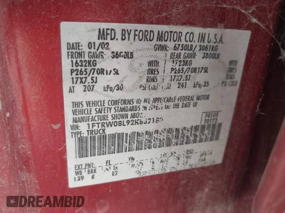 2002 Ford F-150 XLT с VIN 1FTRW08L92KB82180, выставлен на аукционе IAAI как лот 43284205 с пробегом Не указан миль и . История ставок и продаж доступна на DreamBid. Изображение 9.