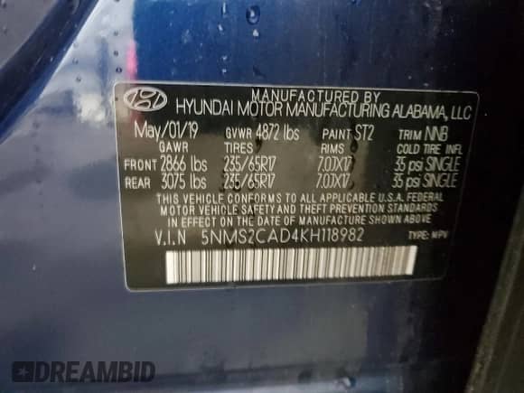 2019 Hyundai Santa Fe SE with VIN 5NMS2CAD4KH118982, listed as a Copart auction lot 59805895 with 85,511 mi miles and Salvage title. Bid and sale history available at DreamBid. Image 13.