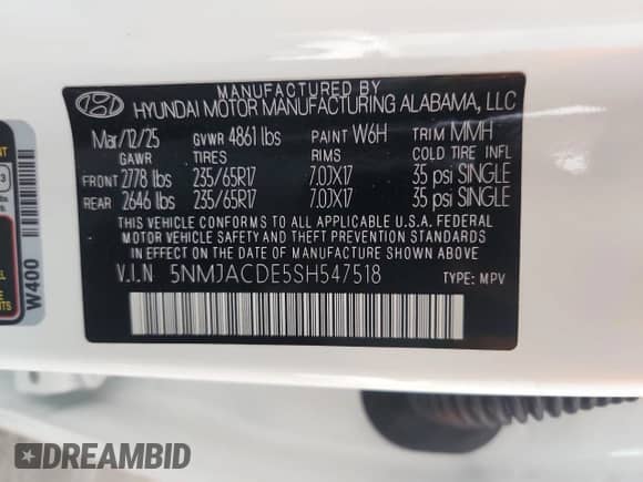 2025 Hyundai Tucson SE with VIN 5NMJACDE5SH547518, listed as a Copart auction lot 81863525 with 461 mi miles and Salvage title. Bid and sale history available at DreamBid. Image 13.