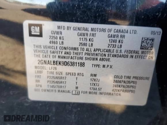 2013 Chevrolet Equinox LS z VIN 2GNALBEK9D6381188, wystawiony jako Copart lot #87417235 z przebiegiem 133 426 mil mil oraz Czysty tytuł • Clean title. Historia ofert i sprzedaży dostępna na DreamBid. Obrazek 13.