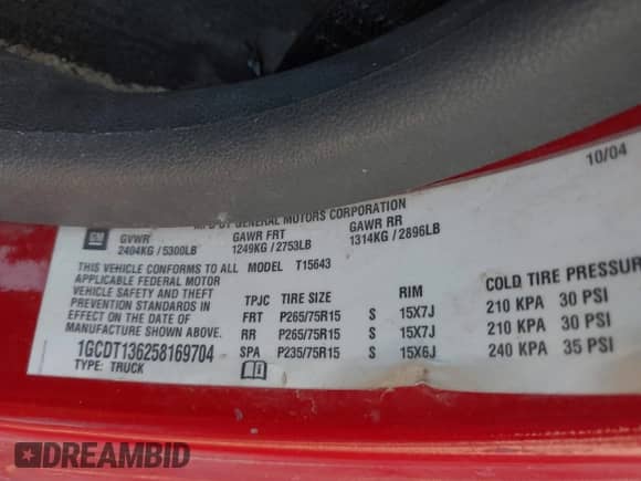 2005 Chevrolet Colorado 1SE LS Z71 z VIN 1GCDT136258169704, wystawiony jako IAAI lot #43292747 z przebiegiem 241 061 mil mil oraz . Historia ofert i sprzedaży dostępna na DreamBid. Obrazek 9.