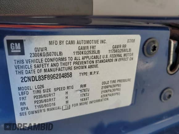 2009 Chevrolet Equinox LTZ z VIN 2CNDL83F896204858, wystawiony jako Copart lot #49803405 z przebiegiem 128 803 mil mil oraz Czysty tytuł • Clean title. Historia ofert i sprzedaży dostępna na DreamBid. Obrazek 13.