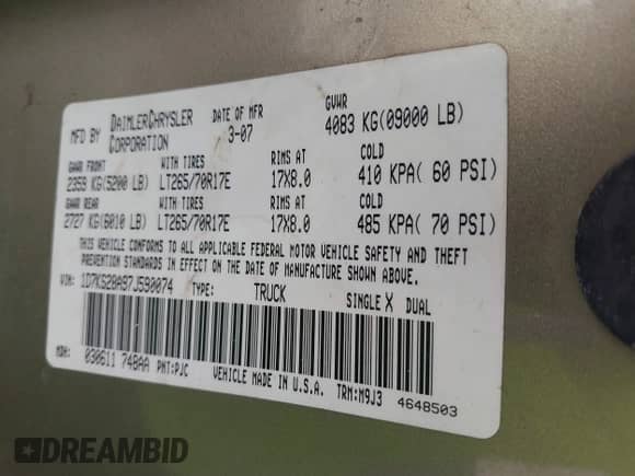 2007 Dodge 2500 SLT с VIN 1D7KS28A97J590074, выставлен на аукционе IAAI как лот 40170784 с пробегом Не указан миль и . История ставок и продаж доступна на DreamBid. Изображение 9.