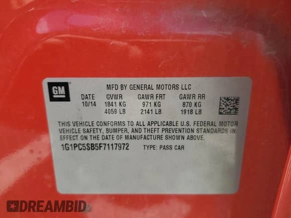 2015 Chevrolet Cruze LT with VIN 1G1PC5SB5F7117972, listed as a Copart auction lot 55172235 with 139,309 mi miles and Salvage title. Bid and sale history available at DreamBid. Image 12.