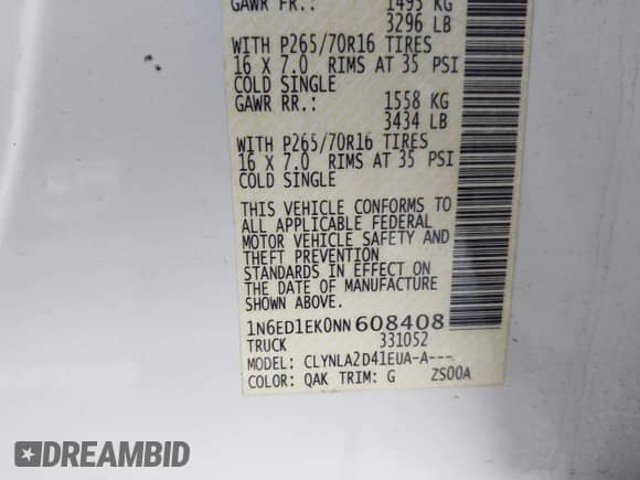 2022 Nissan Frontier S with VIN 1N6ED1EK0NN608408, listed as a IAAI auction lot 43023099 with 39,439 mi miles and . Bid and sale history available at DreamBid. Image 9.
