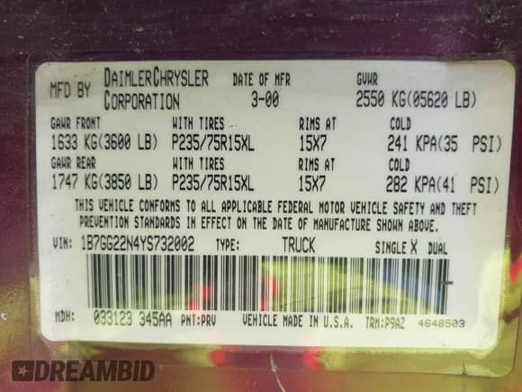 2000 Dodge Dakota Sport with VIN 1B7GG22N4YS732002, listed as a IAAI auction lot 42389415 with 138,944 mi miles and . Bid and sale history available at DreamBid. Image 9.